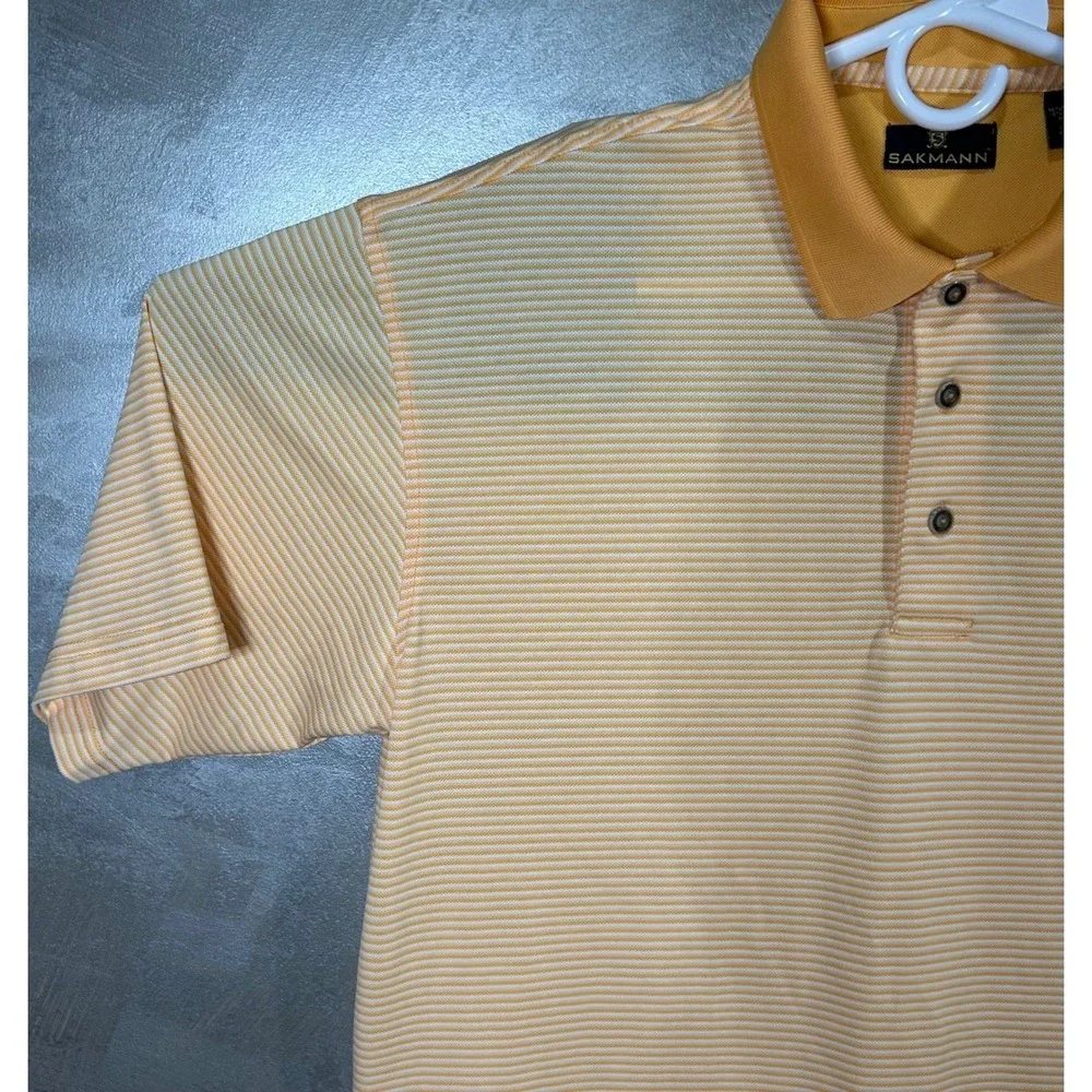 Sakmann Striped Golf Polo Shirt Mens Medium Peach Orange Short Sleeve Fox‎ Logo